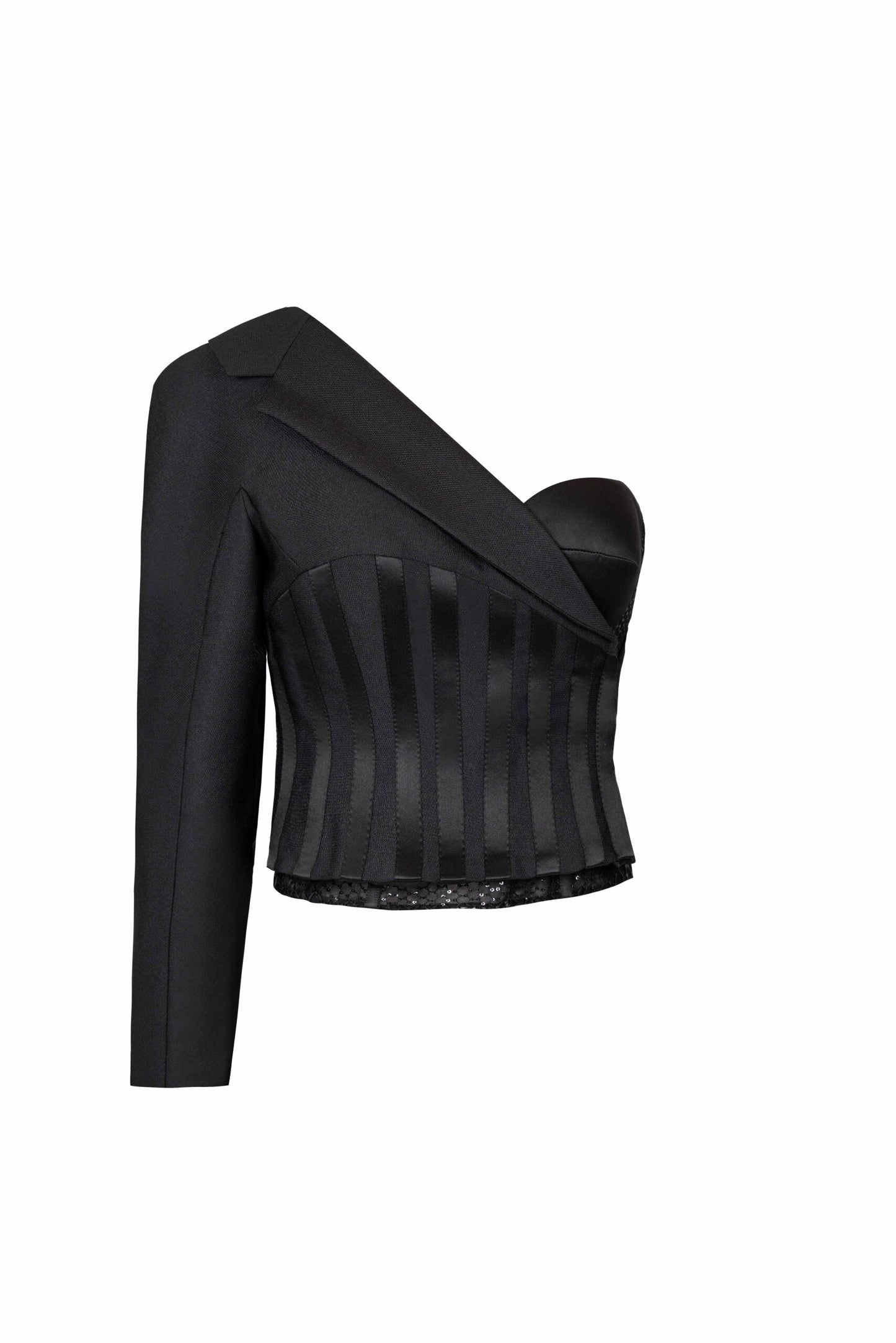 One-Sleeve Asymmetric Mikado Jacket with Structured Corset and Razmir Stripes