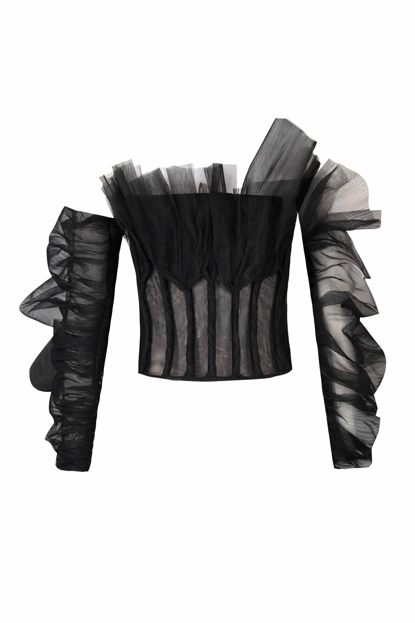 Sheer Corset Top with Plissé Ruffle and Tulle Sleeves