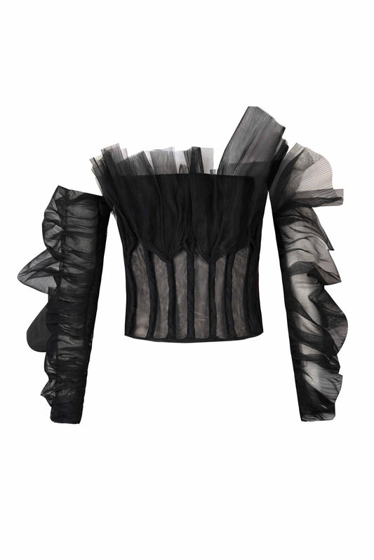 Sheer Corset Top with Plissé Ruffle and Tulle Sleeves