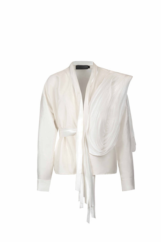 Off-White Taffeta Blouse with Voluminous Organza Manipulation