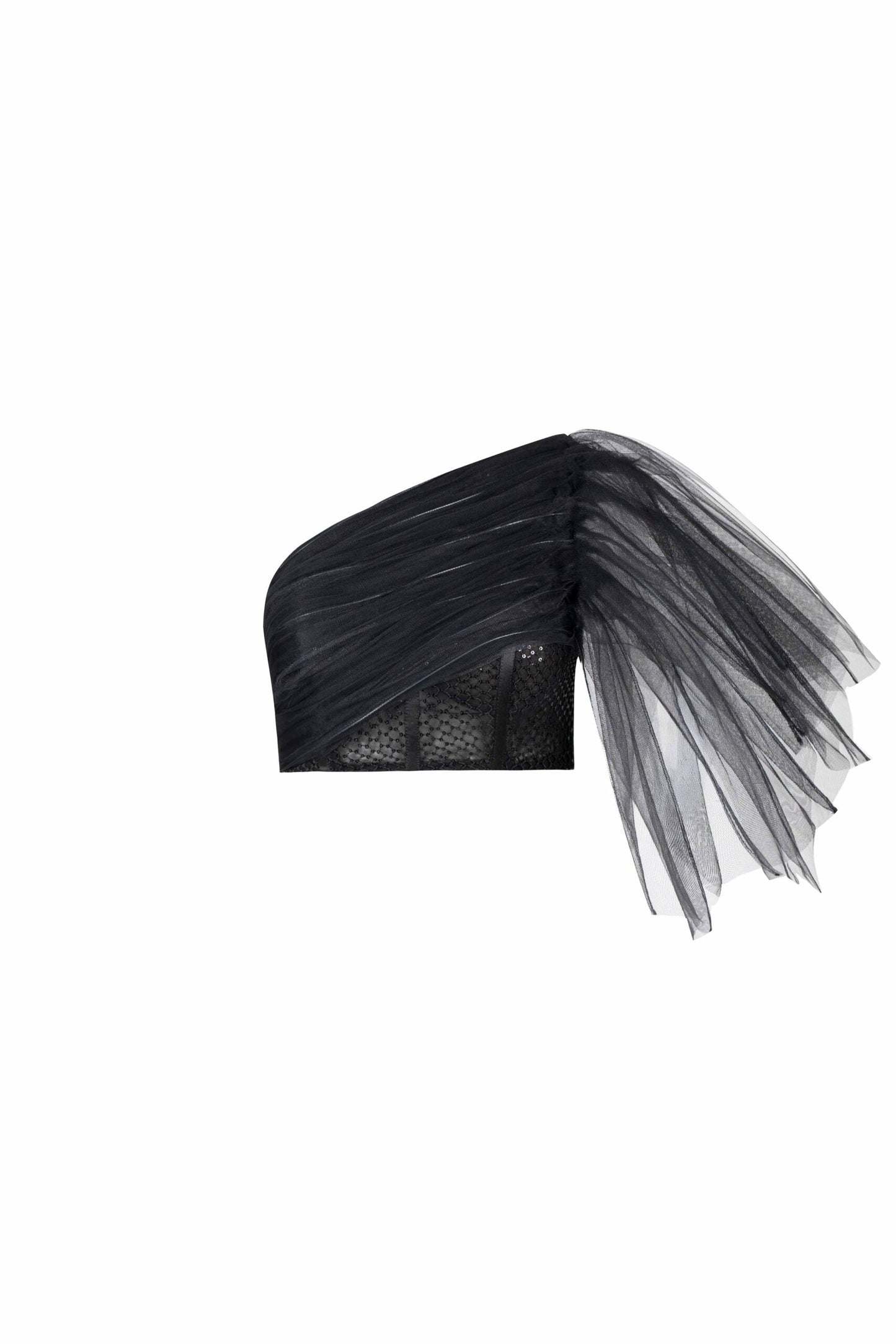 One-Shoulder Draped Tulle Top with Sequined Corset Base
