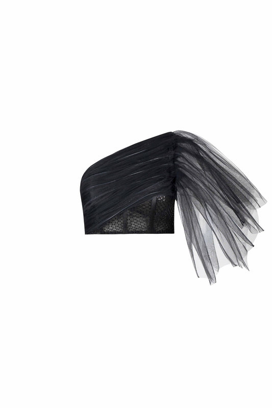 One-Shoulder Draped Tulle Top with Sequined Corset Base
