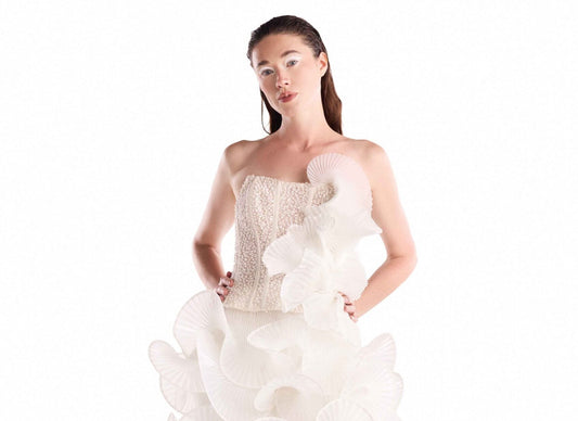 Corseted Off-White Jacquard top with Plissé Sculpting