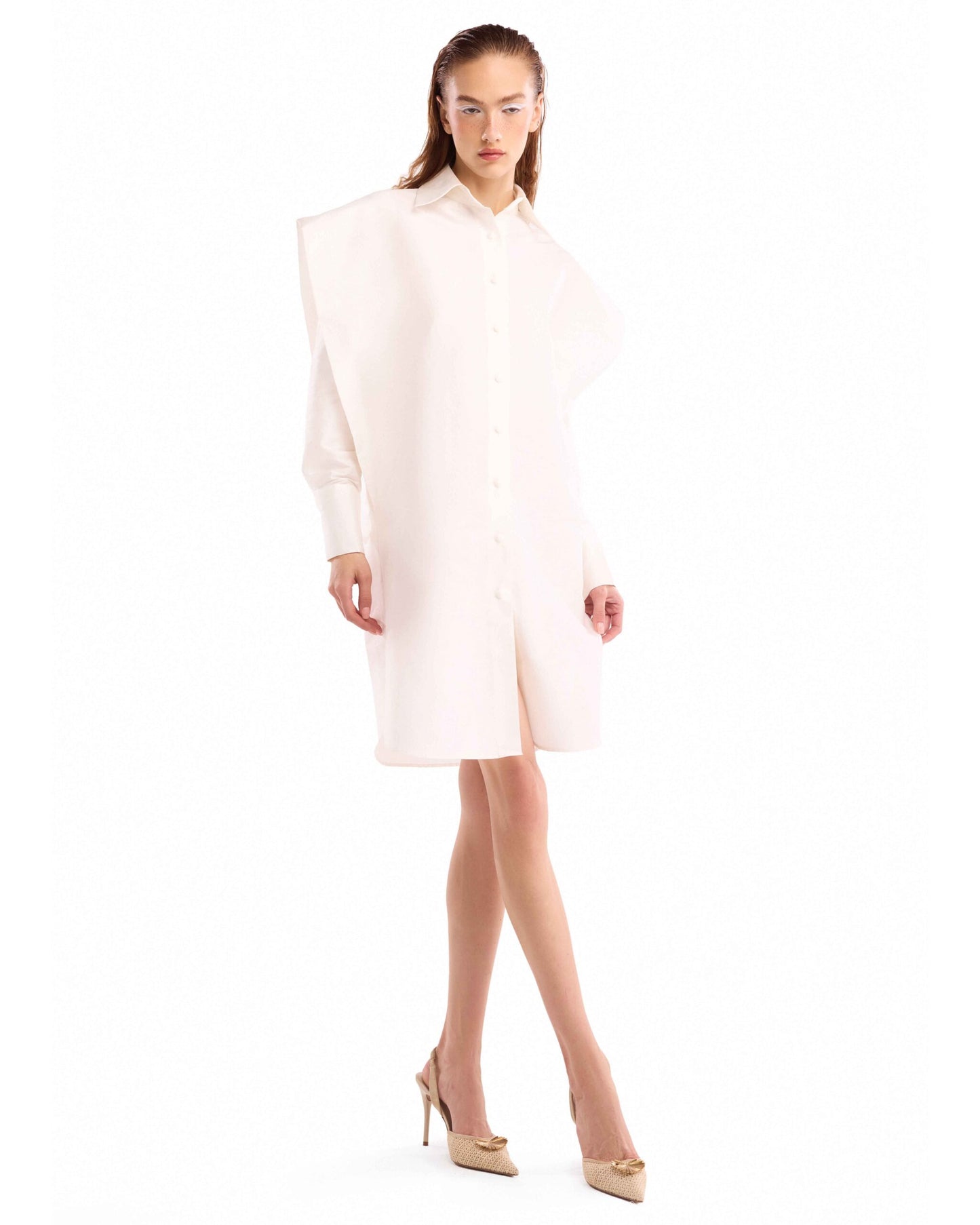 Voluminous Shoulder Oversized Taffeta Shirt Dress