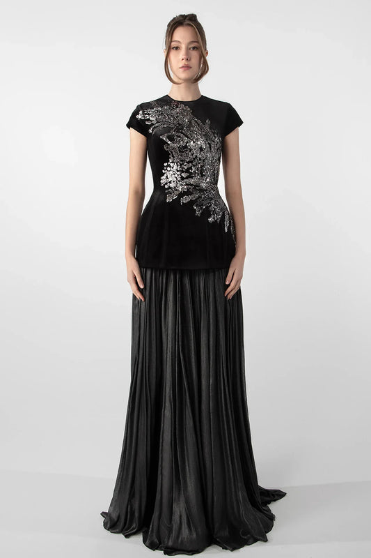 Velvet Corset with Embroidery and Lamé Skirt