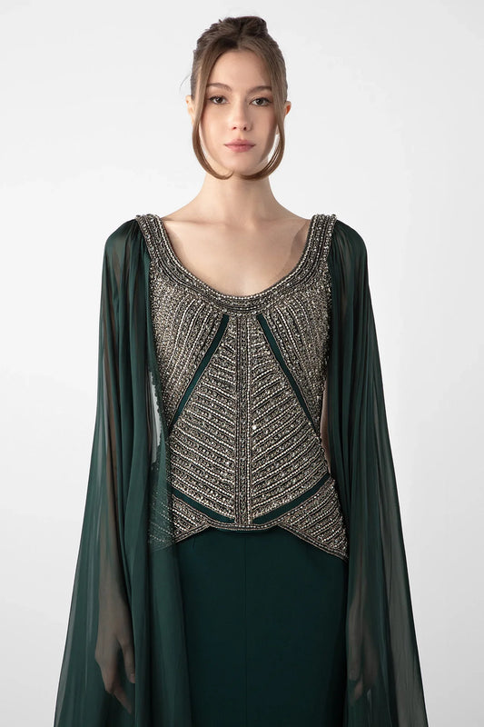 Embroidered Bodice Gown with Flowing Cape