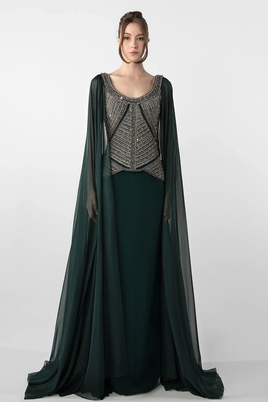 Embroidered Bodice Gown with Flowing Cape