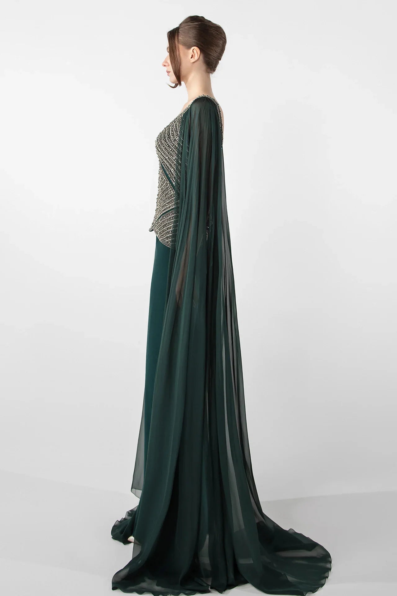 Embroidered Bodice Gown with Flowing Cape
