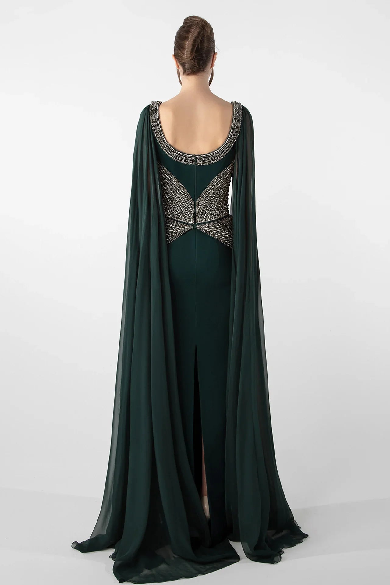Embroidered Bodice Gown with Flowing Cape