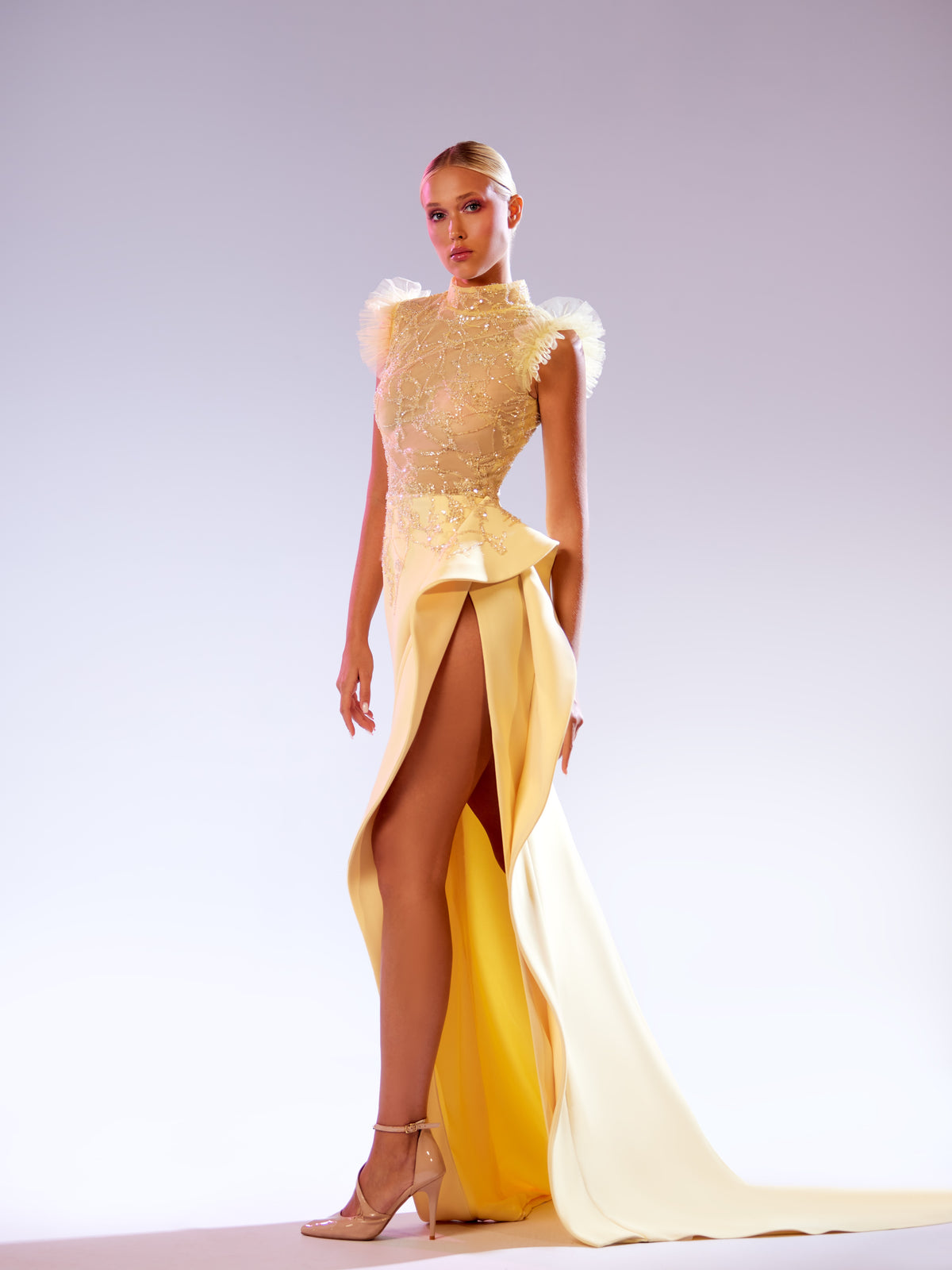 Abdo Aoude — yellow crêpe gown with sheer embroidered back, back view
