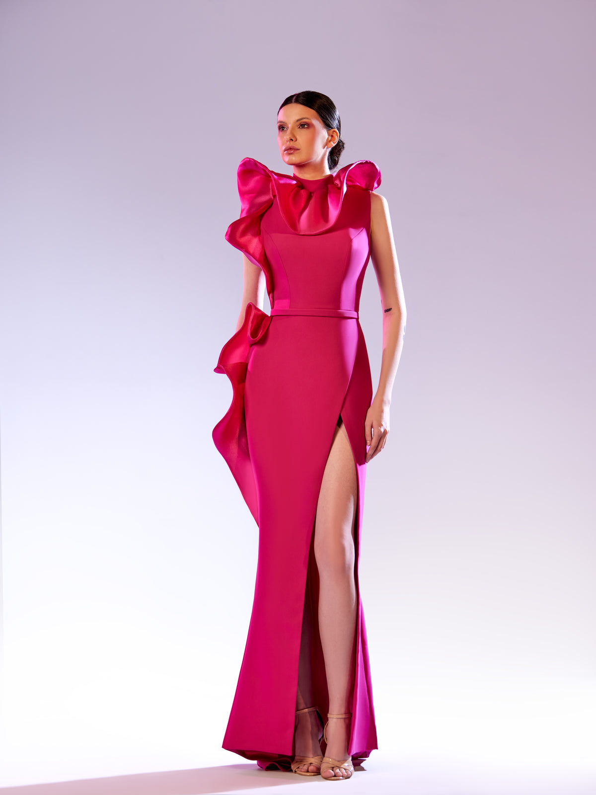Abdo Aoude — hot pink crêpe gown with organza ruffle, side view