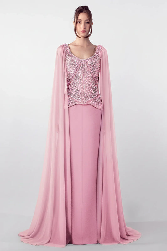 Embroidered Bodice Gown with Flowing Cape