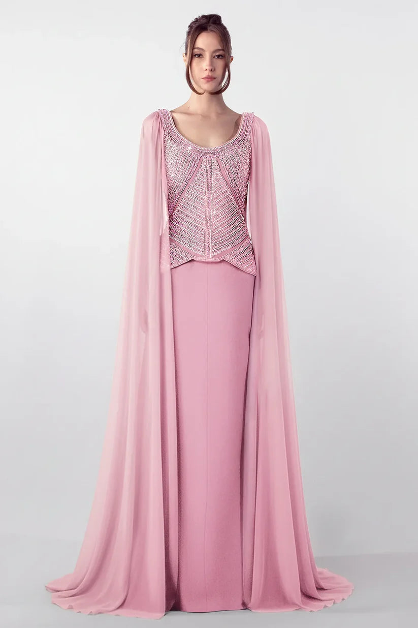 Embroidered Bodice Gown with Flowing Cape