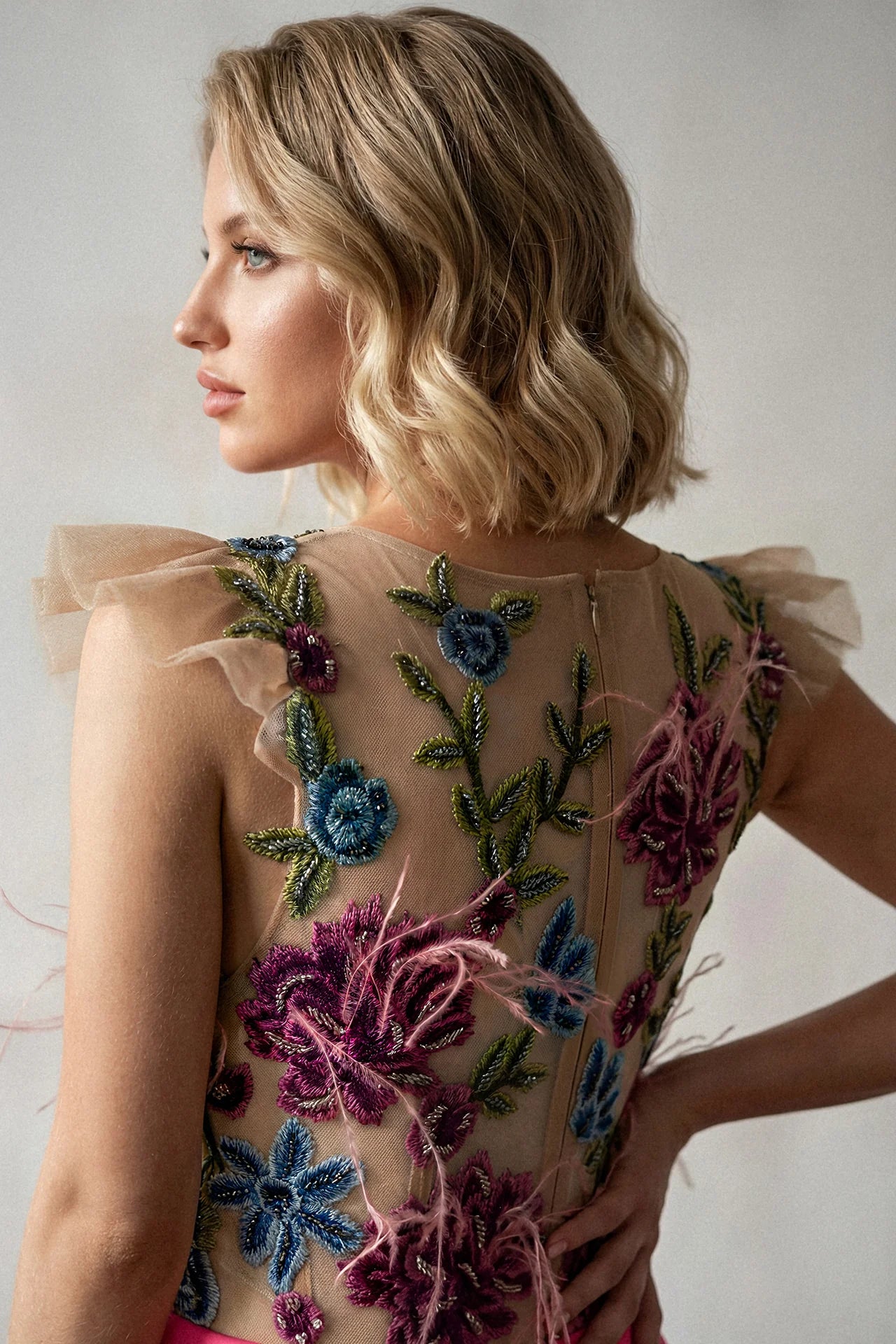 Embroidered Tulle Bodice with Structured Satin Skirt