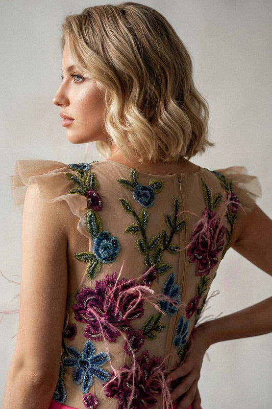 Embroidered Tulle Bodice with Structured Satin Skirt