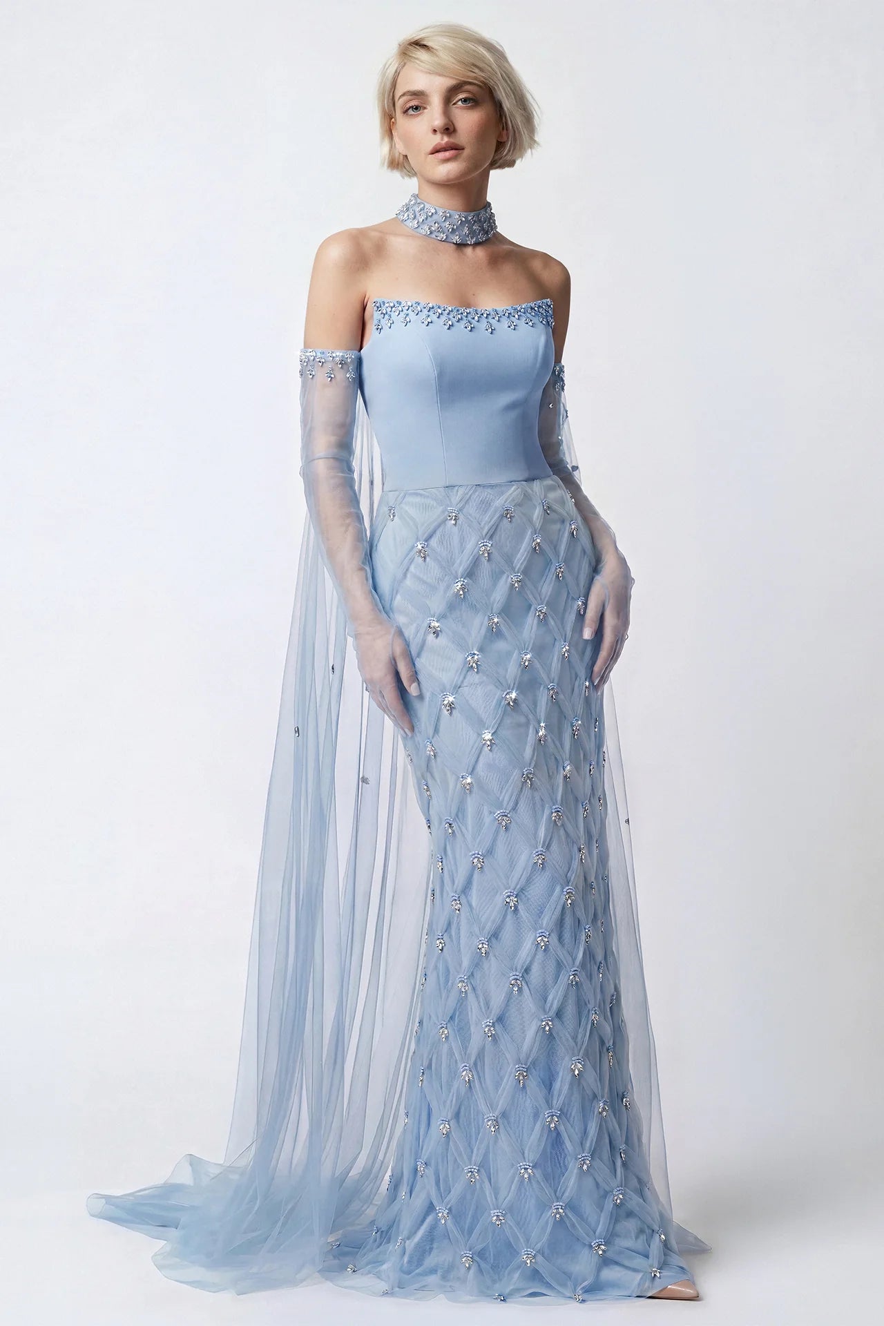 Geometric Swarovski Embroidered Column Gown