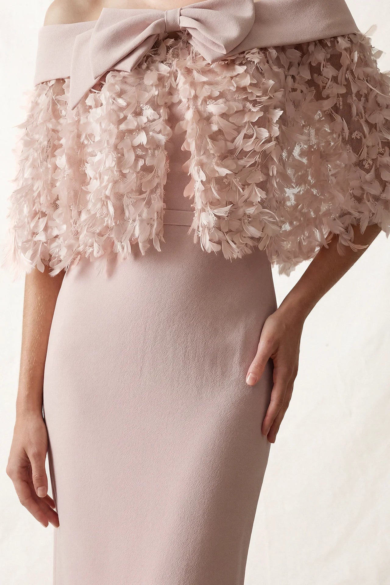 Strapless Draped Gown with Floral Capelet