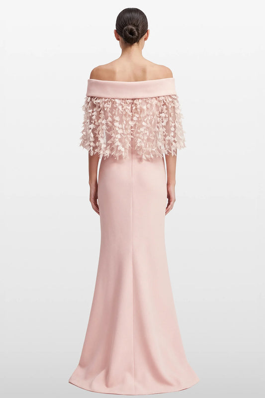 Strapless Draped Gown with Floral Capelet