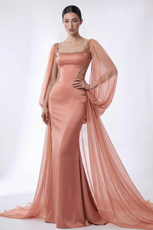 Square Neck Embroidered Sleeve Gown