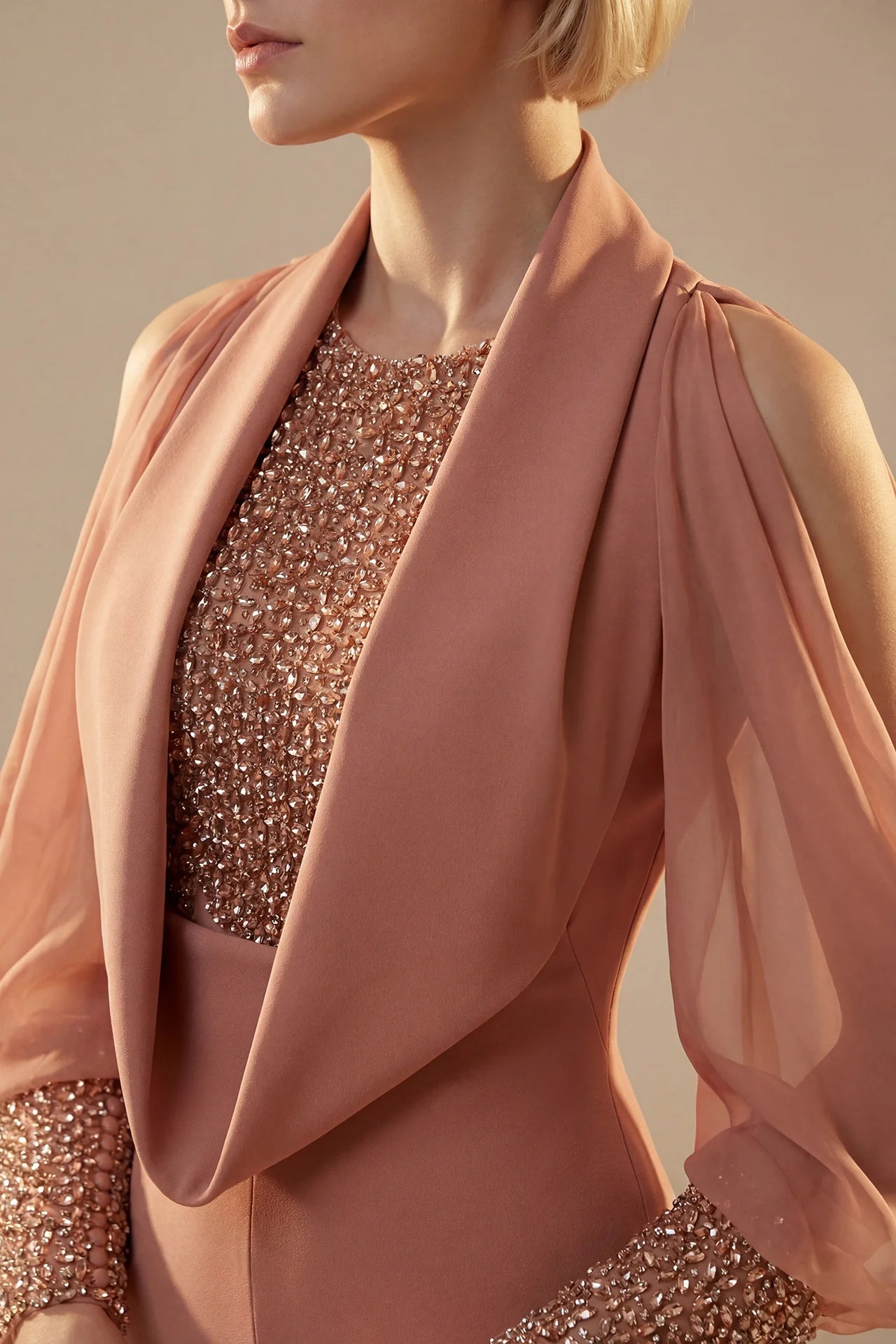 Draped Sleeve Embellished Bodice Gown