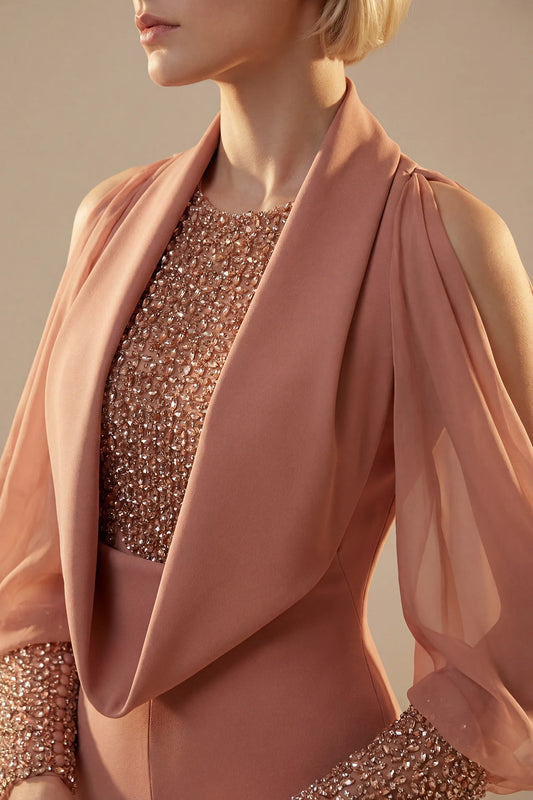 Draped Sleeve Embellished Bodice Gown