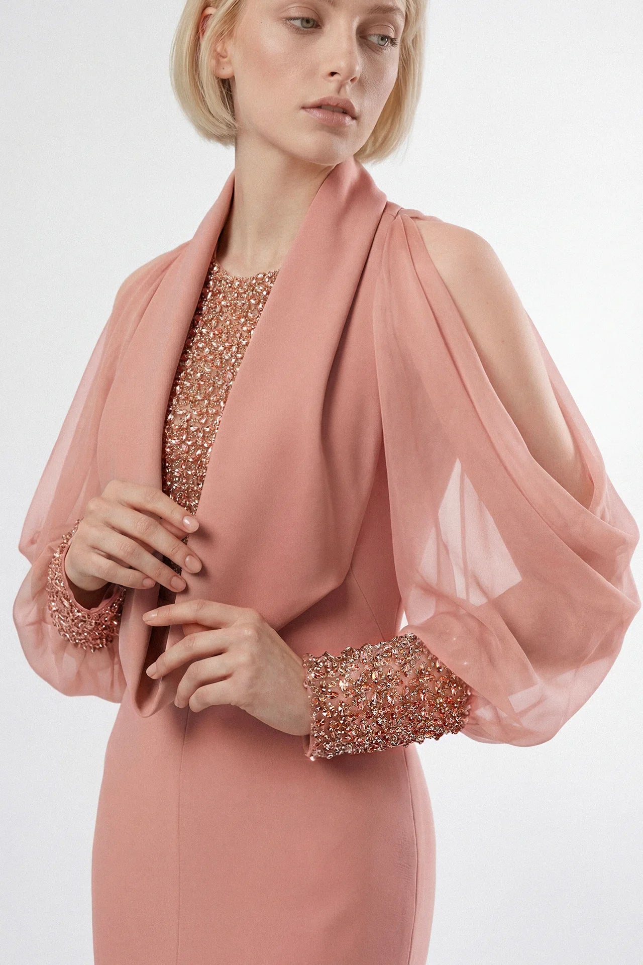 Draped Sleeve Embellished Bodice Gown
