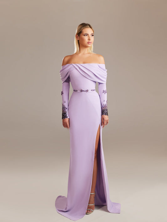 Off-The-Shoulder Draped Column Dress