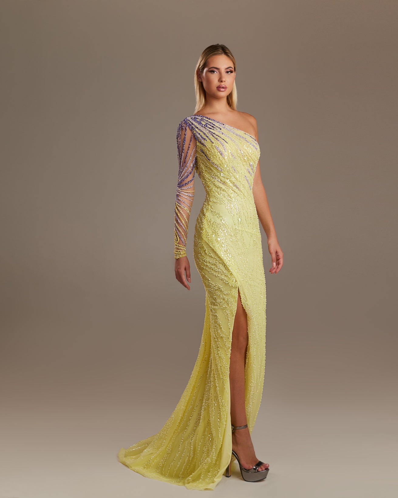 One-Shoulder Beaded Column Dress