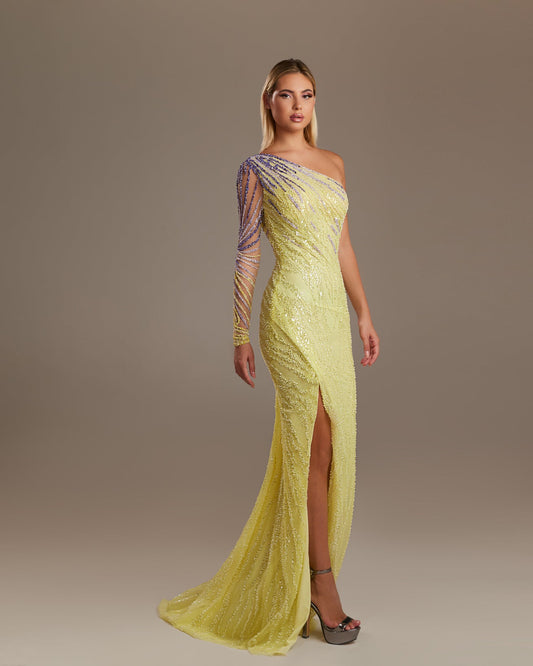 One-Shoulder Beaded Column Dress